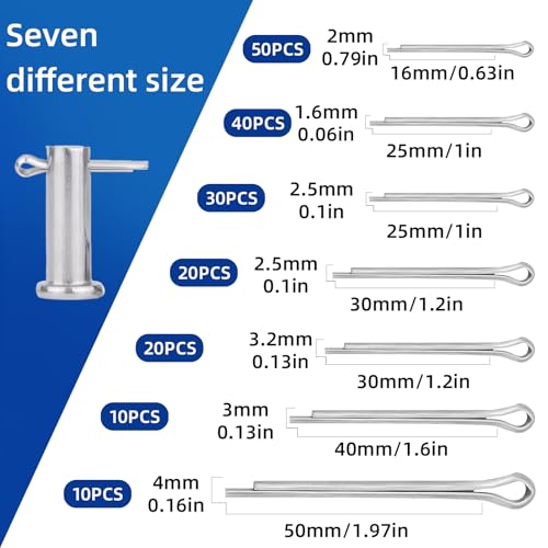 50 Pcs Cotter Pins Assortment Kit R Clips retaining pin | Heavy Duty R Clips Hardware Pins, 5 Sizes Spring Fasteners, Hitch Pin for Trailer Locking