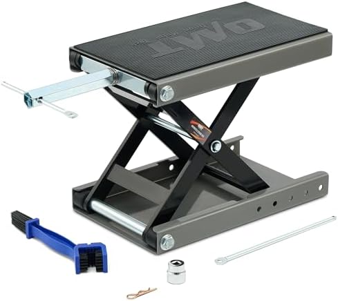 OMT 1100lb Motorcycle Scissor Lift Jack Wide Deck Motorbike Hoist Stand | Center Stand For ATV Dirt Bike Cruiser; T Handle And 3/8 Inch Socket; 3.7 To 14.6 Inch Lift; 5 Locking Holes; Chain Brush