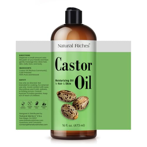 Natural Riches Castor Oil Cold pressed for Dry Skin Hair Loss Dandruff Thicker Hair - Moisturizes heals Scalp Skin Hair growth Thicker Eyelashes & Eyebrows