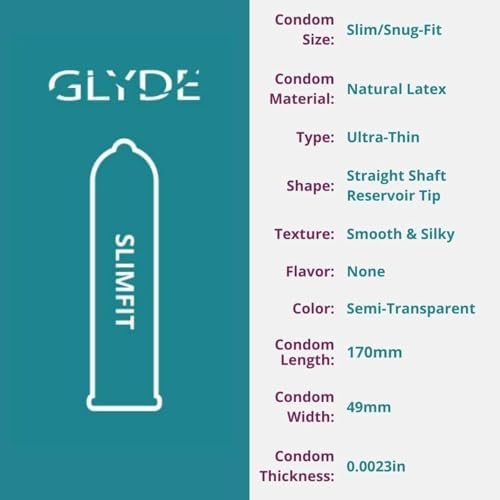 GLYDE Slimfit Snug Fit Condoms - Ultra-Thin Small Size - 12 Count, 49mm | Fragrance-Free, Lightly Lubricated, Body-Friendly, Vegan Formula Condoms, Strong and Secure Fit for Comfort and Natural Feel