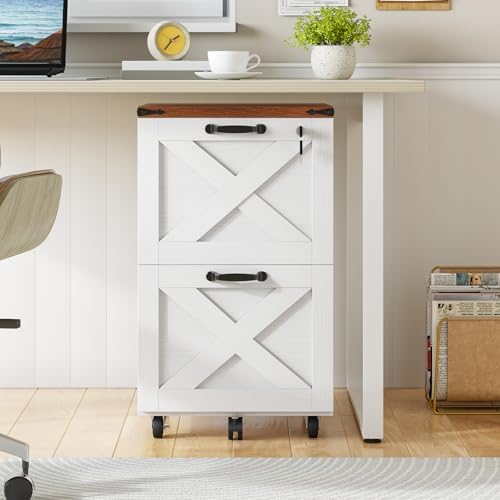 HOOBRO 3 Drawer File Cabinet with Lock, Mobile Filing Cabinet for Home Office, Wooden Farmhouse Office Storage Cabinet, Printer Stand Fits Letter and A4 Size, Walnut and White WH93WJ01G1
