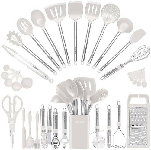 Kitchen Utensil Set-Silicone Cooking Utensils-33 Kitchen Gadgets & Spoons for Nonstick Cookware-Silicone and Stainless Steel Spatula Set-Best