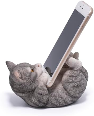 Hodao Cute Cat Phone Stand, Gray Kitten Cell Phone Holder for Desk, Resin Animal Figurine Stand for iPhone and Samsung, Vertical or Horizontal Viewing