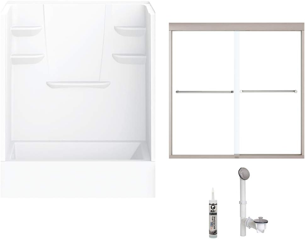 A2 6032CTSMML-134561-WN Bath/Shower Kit with Door, 60-in L x 32-in W x 82-in H, White/Brushed Nickel