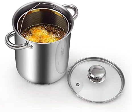 Cook N Home Basics 4-Quart Deep Fryer Pot with Basket, Japanese Tempura Small Stainless Steel Frying Pot with Oil Drip Drainer Rack, Glass Lid, Suitable for Kitchen French Fries, Chicken