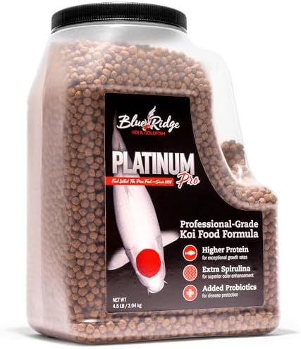 Blue Ridge Koi Platinum Pro 41% Protein Fish Food, 3/16" Pellets, 4.5 lb | Floats, softens fast; Spirulina & Canthaxanthin color support; probiotic-enriched; warm-season formula