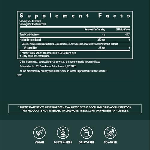 Gaia Herbs Ashwagandha Root 350 mg - Supports Balanced Energy Levels & Positive Outlook*- Supports Healthy Cortisol Balance* - 60 Vegan Liquid Phyto-Caps (30 Servings)