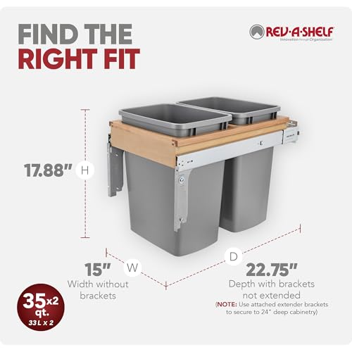 Rev-A-Shelf Double Top-Mount Pullout Trash Can, Min Opening 15" W, 35 Qt | Under Kitchen Cabinet Large Capacity Waste/ Recycling Containers, 150 Lbs Rated Full-Extension Slides, 4WCTM-18BBSCDM2 Silver
