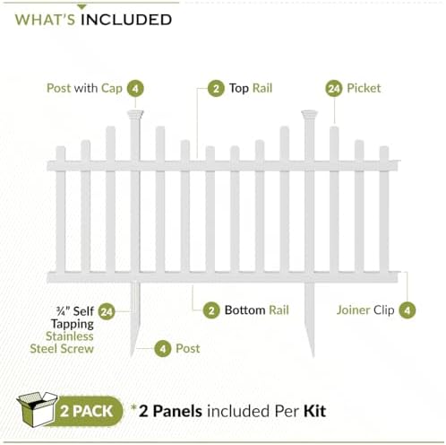 Zippity Madison Picket Fence Panels, White Vinyl DIY No Dig Kit | 2.5ftH x 2.3ftW, White, 2 Panels, Garden Border or Yard Enclosure, ZP19001