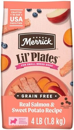 Merrick Lil' Plates Salmon Sweet Potato Dog Food 12 lb Bag | Premium, grain-free salmon and sweet potato kibble crafted with high protein and healthy fats for small breed dogs