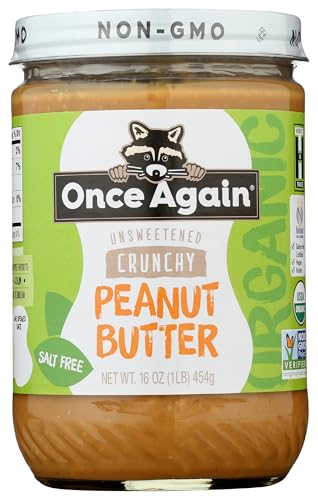 Once Again Organic Crunchy Peanut Butter No Sugar Added - Single Ingredient, Unsalted, Natural Peanut Butter No Palm Oil - Glass Jar, Non-GMO, Gluten Free - Chunky, Unsweetened - 1 Jar (16 oz)