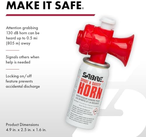 SABRE Sport and Safety Horn, 130 dB Air Horn, 60 ¼ Second or 25 ½ Second Bursts, Audible Up to 1/2-Miles (804-Meters), Perfect for Use at Sporting Events, Boating, Camping, Hiking