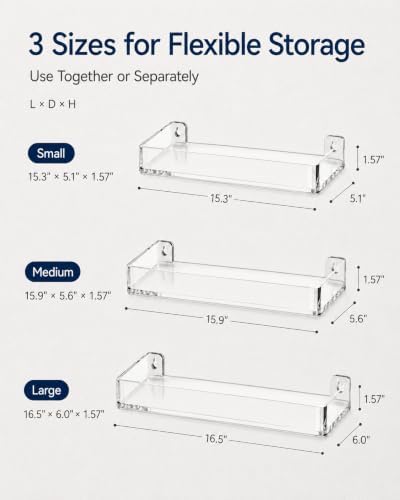 MaxGear Acrylic Floating Shelves, Clear Perfume Shelf for Wall, Set of 3