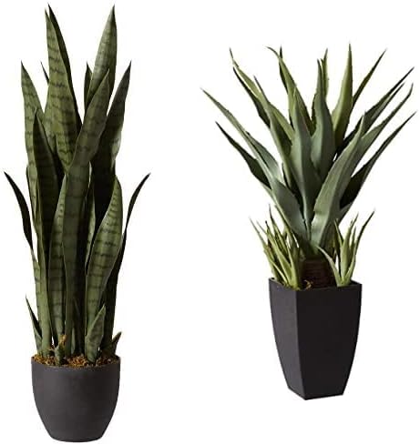 Nearly Natural 35in. Sansevieria with Black Planter and 4ft. Corn Stalk Dracaena Silk Plant (Real Touch), Green