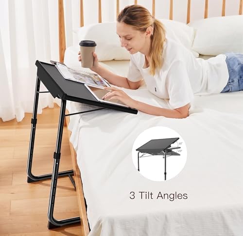 HUANUO TV Trays Set of 2, TV Tray with 6 Height & 3 Tilt Adjustments, Black | 21.53" - 28.74" Height Range, Foldable, Cup Holder