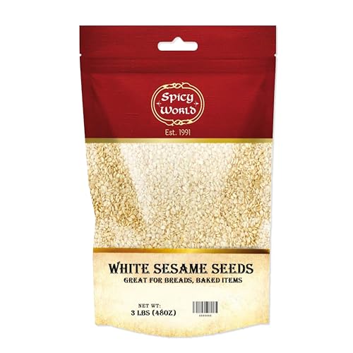 Spicy World White Sesame Seeds 3 LB Bag - Natural, Raw, Hulled, Non-GMO, Bulk Resealable Bag