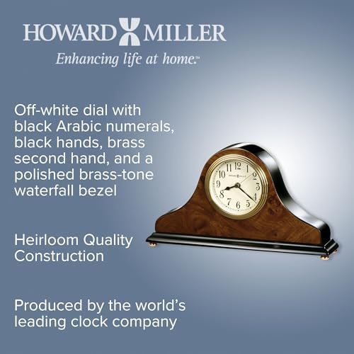 Howard Miller Baxter Tambour Mantel Clock – Burl Wood & Walnut Finish, Arabic Numerals, Brass Accents, Quartz Movement