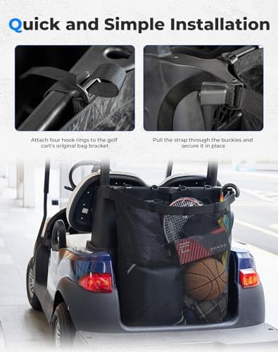 KEMIMOTO Mesh Shopping Storage Bag for 2-Passenger Golf Carts | Full Grocery Capacity, Shoulder Strap, Tool-Free Rear Mounting