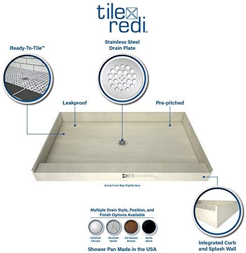 Tile Redi B3754L-DRRDPVZ Shower Pan Kit with Flashing, Left Drain- Double Curb Shower Base, 2" PVC Drain and Plate Included, 54" Width x 37" Depth