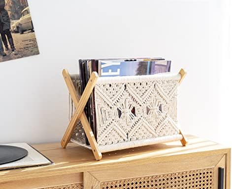 Mkono Macrame Magazine Holder, Boho Woven Book Rack Basket, 11.2"L x 7.5"W