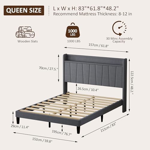 King Size Bed Frame with Headboard, Platform Bed with Upholstered Wingback Storage Headboard, Slats Support, No Box Spring Needed Beige