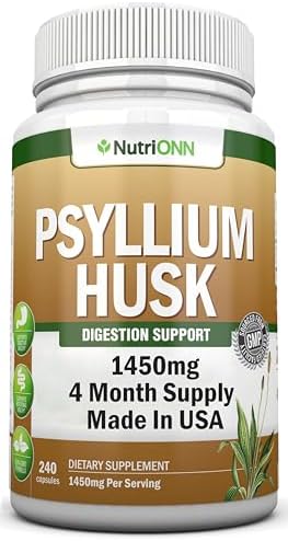 NutriONN Psyllium Husk Capsules - 1450mg - 240 Capsules - Made in USA - Double Strength - Premium Psyllium Fiber Supplement - Great for Digestion