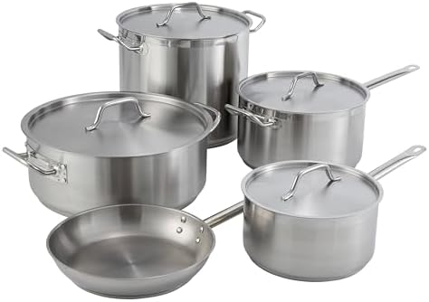 Winco 15 qt Stainless Steel Brazier Pan with Lid | Flat bottom, Wide base, Riveted handles, Induction safe, Great for Braising, Simmering, Batch Cooking and Restaurant Kitchens
