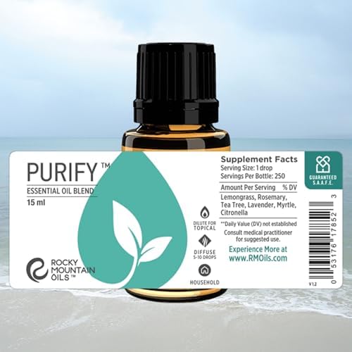 Rocky Mountain Oils Purify Essential Oil Blend 15ml - Organic, 100% Pure Blend with Lemongrass, Rosemary, Lavender, Myrtle, Citronella