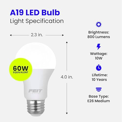Feit Electric LED Light Bulbs, A19 60W Equivalent, Non-Dimmable, 800 Lumens, A19 LED Light Bulbs, E26 Base, 5000k Daylight, A19 LED Bulbs