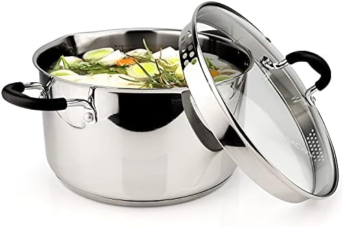 AVACRAFT 6 Quart Stainless Steel Stock Pot with Glass Strainer Lid | 5-Layer Capsule Base, Tempered Glass Strainer Lid, Drip-Free Pour Spouts, Induction Compatible, Dishwasher Safe