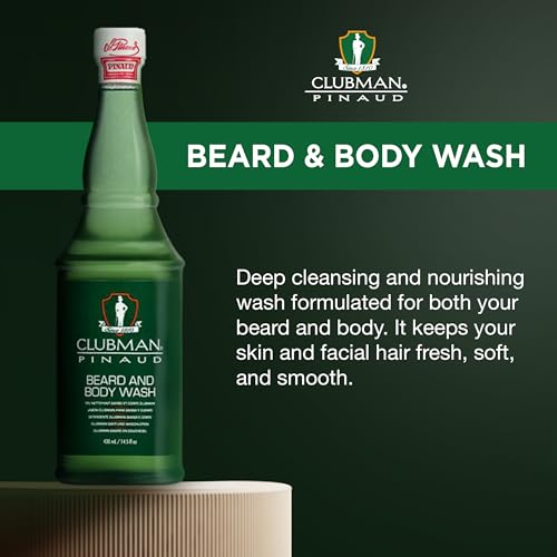 Clubman Pinaud Beard and Body Wash – Dual-Purpose Cleanser, Cleanses & Softens Beards Hair and Skin, Moisturizing Daily Grooming Formula, 14.5 fl oz