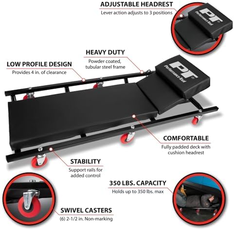 Performance Tool W85005 40 in. 6-Caster Rolling Shop Creeper | Automotive mechanics creeper with adjustable headrest. Heavy duty steel frame. Padded