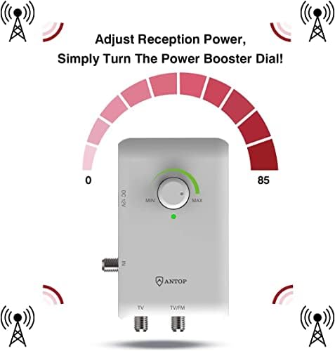 ANTOP HDTV ＆ FM Amplified Antenna 85 Miles AT-800SBS with Dual Outputs Smart Boost System, Support TV and Second Device-FM Stereo