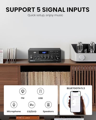 Moukey Stereo Receivers with Bluetooth 5.0, 2.0 Channel Power Audio Amplifier Stereo System w/USB, SD, AUX, RCA, MIC in w/Echo, LED for Karaoke