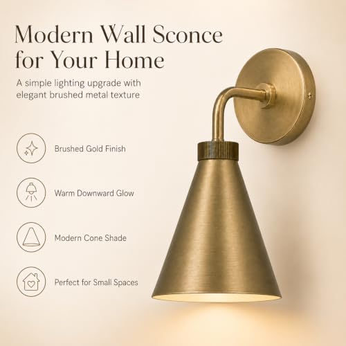 Vintage Metal Cone Wall Sconce, 6" W x 6" L x 11" H | Retro Industrial, Handmade, Antique Brass, Metal Shade, Wall Mount Lighting for Hallway