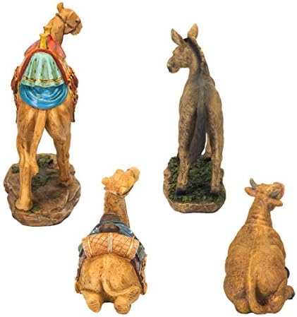 Three Kings Gifts Nativity Animals Set, 4-Piece Polystone Standing and Sitting Camels, Donkey, and Ox Figures, Flat Bottom Base Collectibles for 14-Inch Scale Nativity Scene