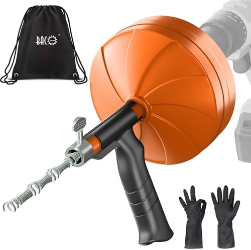 BACOENG 25Ft Drain Auger, Heavy Duty Plumbing Snake with Drill Adapter, Use Manually or Powered for Drain Clog, Shower Sink, Comes with Gloves and Bag (Orange)