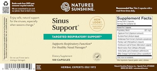 Nature's Sunshine Sinus Support EF Herbal Supplement – Targeted Respiratory Support, Healthy Nasal Passages, Ephedra-Free, 100 Vegcaps