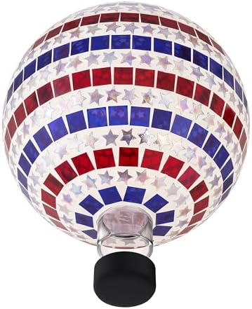Alpine Corporation 10" Diameter Indoor/Outdoor Patriotic Glass Stars and Stripes Gazing Globe Yard Decoration, Red, White and Blue
