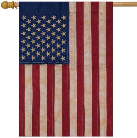 Tea Stained Applique & Embroidered American Flag House Flag USA 28" x 50"