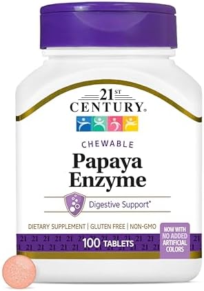 21st Century Papaya Enzyme Chewables for Digestion, Tropical, 100 Count | Papaya & Pineapple Digestive Enzymes with Bromelain & Papain, Digestive Comfort & Gut Health, Gluten Free, Non-GMO