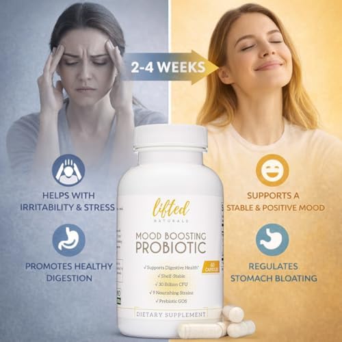 Lifted Naturals Mood Boosting Probiotic 30 Billion CFU - Mood Support Supplement, Prebiotics and Probiotics for Women & Men