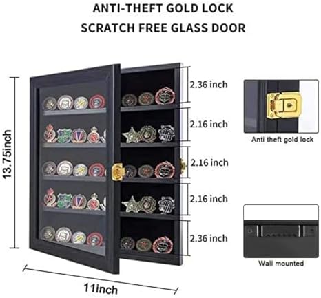 Jinchuan Military Challenge Coin Display Case Lockable Cabinet Rack Holder Shadow Box with Removable 2 Grooves Shelves and Anti Dust Door for Casino