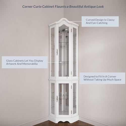 BELLEZE Lighted Corner Display Curved Top Curio Cabinet Wooden Shelving Unit with Tempered Glass Door