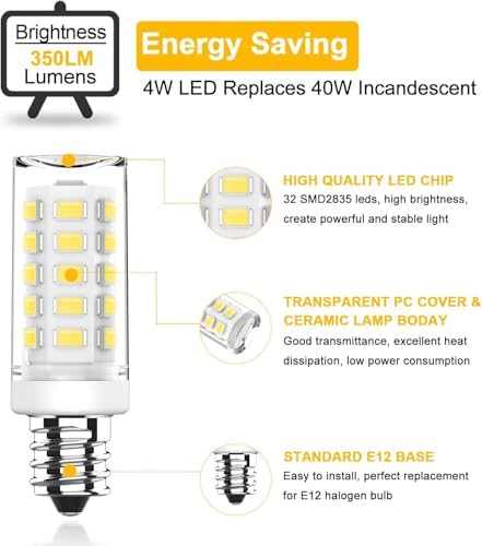 KLG E12 LED Bulb, Mini Candelabra Base, 4W (40W Equivalent), 5000K Daylight White Non-Dimmable, T3/T4 Small Bulb for Ceiling Fans and Chandeliers