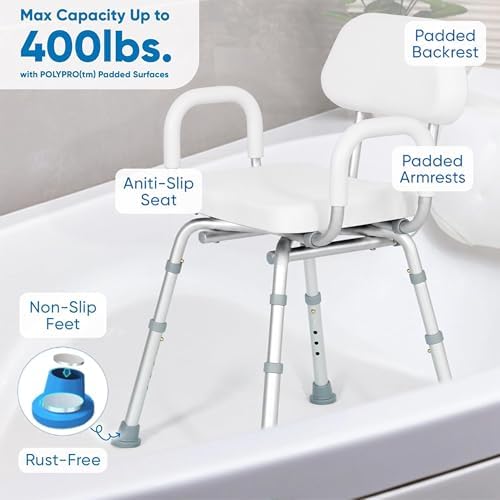 Comfortable Shower Chair for Elderly and Disabled for Inside Shower Seats | Sit Securely While Bathing - Blue, padded seat, adjustable height, aluminum frame, backrest, 400 lb