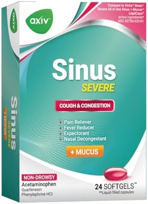 AXIV Sinus Severe + Mucus Relief, Non-Drowsy, Loosens Mucus, Maximum Strength Relief of Pain, Pressure, Congestion, & Headache Ease, 24 Softgels.