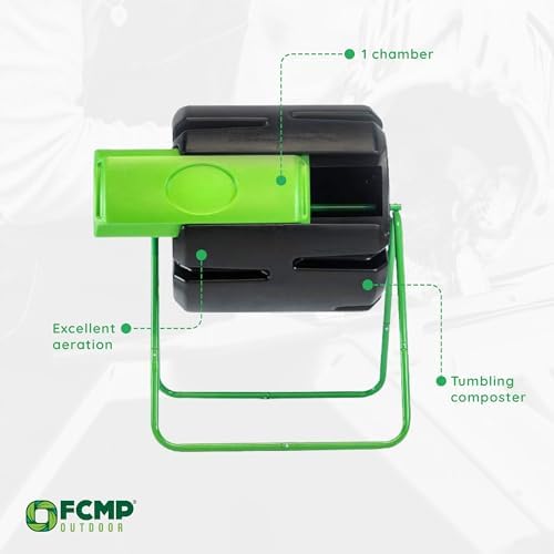 FCMP Outdoor HOTFROG Roto Single Chamber Batch Tumbling Composter - Outdoor Rotating Garden Compost Bin (HF-RM4000) Black & Green (37-Gallon)