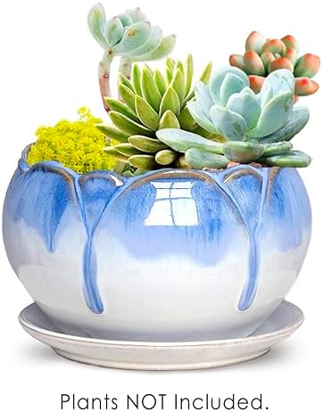 Dahlia 8.3'' Inch Large Shallow Drip Glazed Ceramic Planter/Succulent Pot/Plant Pot, Green