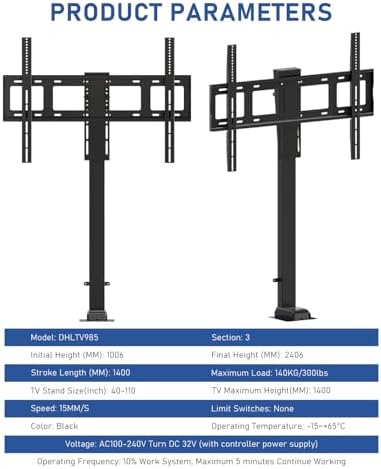 DIHOOL Motorized TV Lift for 85″ - 100″Giant Screen TVs, Pop Up Vertical TV Stand with Remote Control and Obstacle Detection, 59″ Stroke